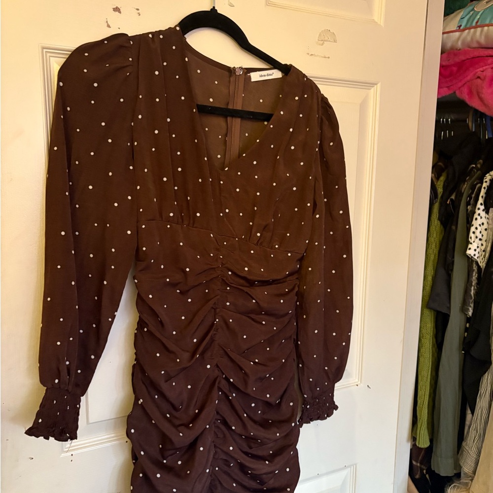 Elegant Brown Polka Dot Long Sleeve Dress